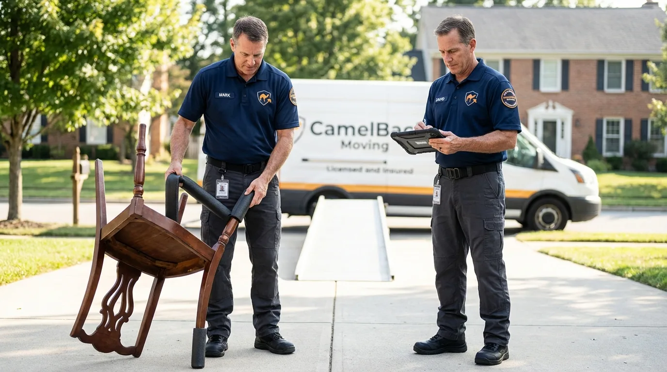 Movers inspecting furniture for damage prevention before loading in Summit Hill, PA