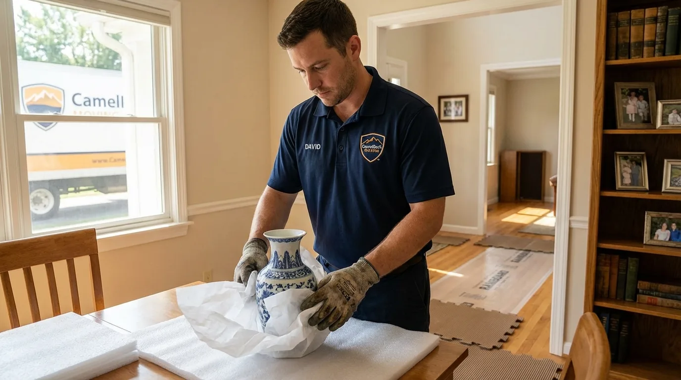 Professional crew carefully wrapping antique vase for senior downsizing move in Summit Hill, PA